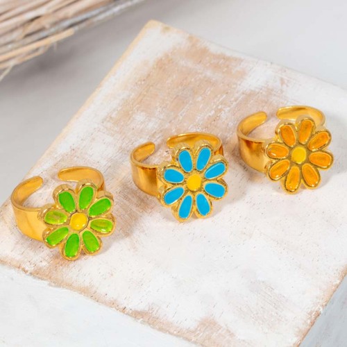 Bague CEZANO Color Gold Lot de 3 bagues réglables fexibles Fleur Doré et Multicolore Laiton doré émaux