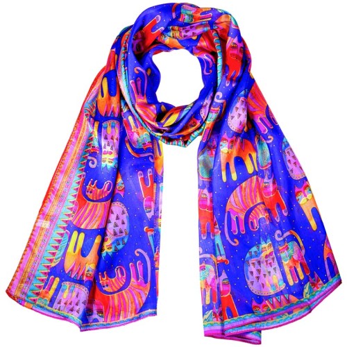 Foulard CATSY Blue Color étole en soie imprimée chat Bleu et Multicolore 100 % soie Imprimé sur l'ensemble