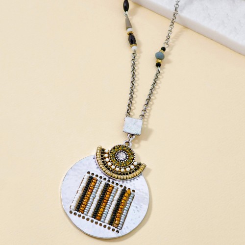 Collier SAO FELIZ Black Silver Sautoir pendentif en Y Antique Argenté et Noir Rhodium Cristal et Perles