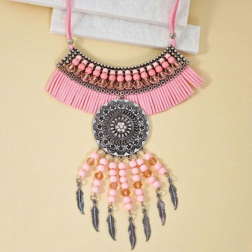 Collier YOKANA Pink Silver Plastron pavé à franges Ethnique Argenté et Rose Rhodium et Simili-Cuir aspect Nubuck Cristal