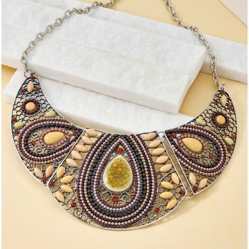Collier YAYATE Brown Silver Plastron pavé ajouré Ethnique Argenté et Marron Rhodium Cristal et Résines et Pates de verre