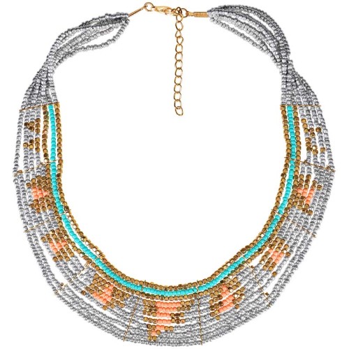 Collier MASAYANE CORAL Aqua Green Gold Plastron de perles multirangs Ethnique Doré et Vert d'eau Rhodium Perles martelées