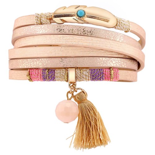 Bracelet LINDOSA Beige Gold Double tour Multirangs Ethnique Doré et Beige Rhodium et Simili-Cuir Cristal