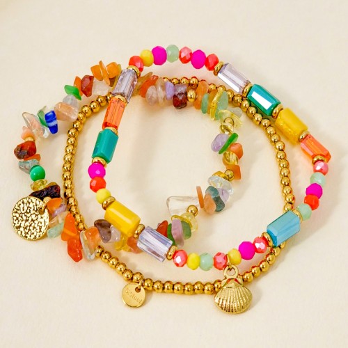 Bracelet MARENA STEEL Color Gold Bracelet pendentif Multirangs coquillage Multicolore Acier inoxydable doré Cristal Pierre