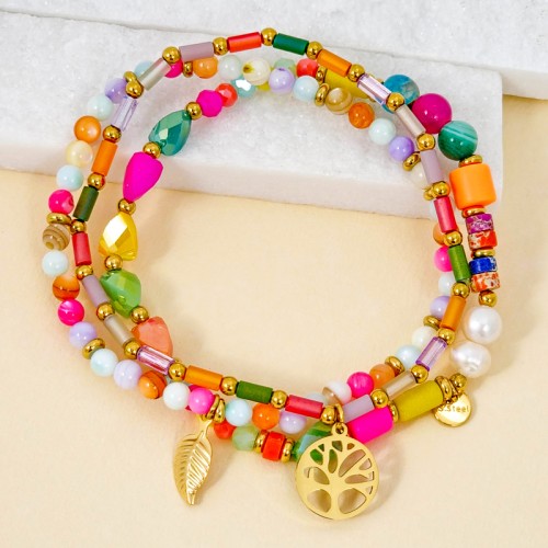 Bracelet EVAREA STEEL Color Gold Bracelet pendentif Multirangs arbre de vie Multicolore Acier inoxydable doré Cristal Perles