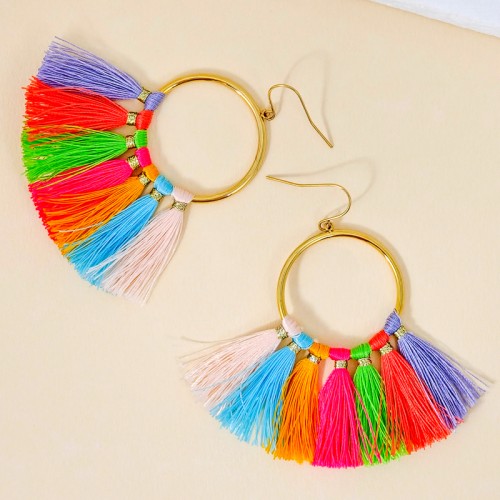 Boucles d'oreilles FUEGOSA STEEL Color Gold Pendantes ajourées à pendentifs Ethnique Multicolore Acier inoxydable doré Pompons