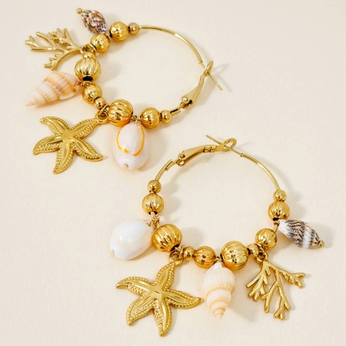 Boucles d'oreilles SEABED STEEL Beige Gold Créoles à pendentif étoile de mer Doré Beige Acier inoxydable doré à l'or fin Nacre