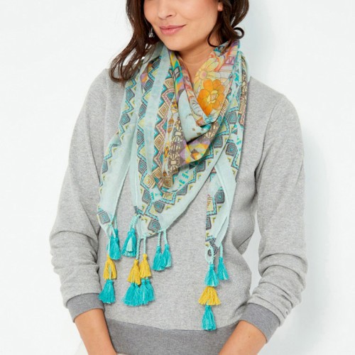 Foulard BUENOS AIRES Color Green grand carré à breloques ethnique Multicolore et Vert Viscose Imprimé Décorations pompons
