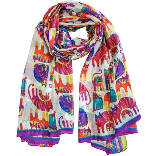 Foulard CATSY White Color étole en soie imprimée chat Blanc et Multicolore 100 % soie Imprimé sur l'ensemble