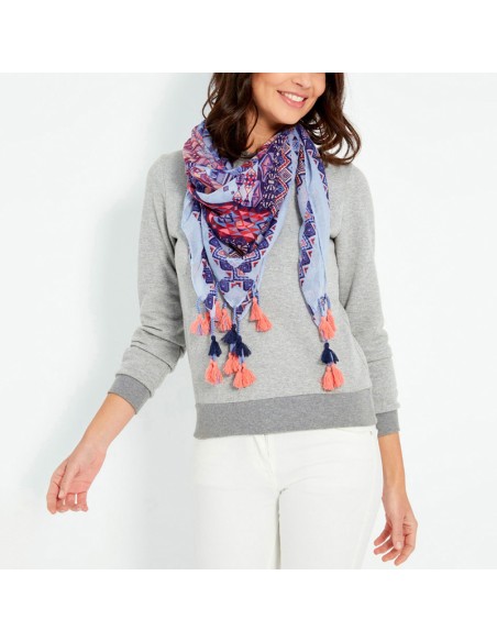 Foulard BUENOS AIRES Color Blue grand carré à breloques ethnique Multicolore et Bleu Viscose Imprimé Décorations pompons