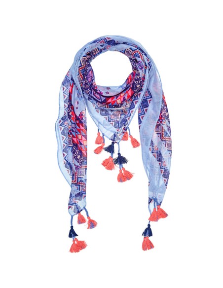Foulard BUENOS AIRES Color Blue grand carré à breloques ethnique Multicolore et Bleu Viscose Imprimé Décorations pompons