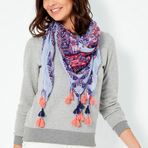 Foulard BUENOS AIRES Color Blue grand carré à breloques ethnique Multicolore et Bleu Viscose Imprimé Décorations pompons