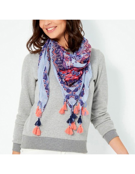 Foulard BUENOS AIRES Color Blue grand carré à breloques ethnique Multicolore et Bleu Viscose Imprimé Décorations pompons
