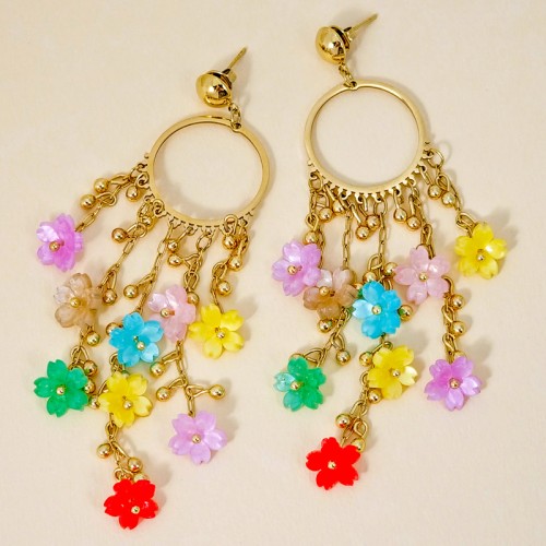 Boucles d'oreilles SUMMER OF LOVE STEEL Color Gold Pendantes à pendentifs Fleurs Multicolore Acier inoxydable doré Résines