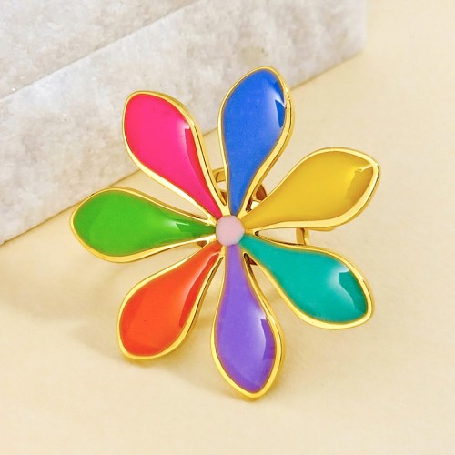 Bague FLOWER OF LOVE Color Gold Cocktail réglable flexible Fleur Doré et Multicolore Acier inoxydable doré à l'or fin émaux