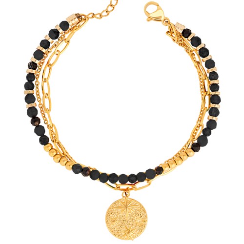 Bracelet GALAXIS CRYSTAL STEEL Black Gold Bracelet de perles multirangs Symboles stellaires Noir Acier inoxydable doré Cristal