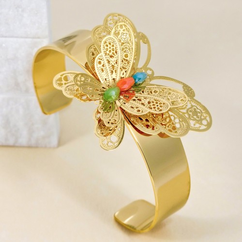 Bracelet MARIPOSA Color Gold Manchette flexible rigide Papillon filigrane Multicolore Acier inoxydable doré à l'or fin Cristal