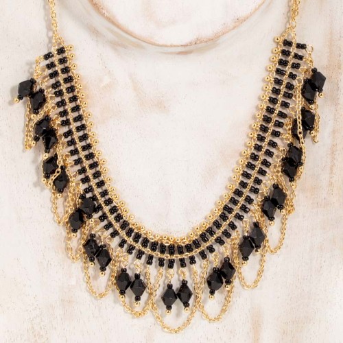 Collier JOSEPHINE Black Gold Plastron pavé Dentelle Doré et Noir Laiton doré à l'or fin Cristal et Perles