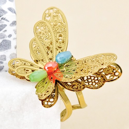 Bague MARIPOSA Color Gold Cocktail réglable flexible Papillon filigrane Multicolore Acier inoxydable doré à l'or fin Cristal