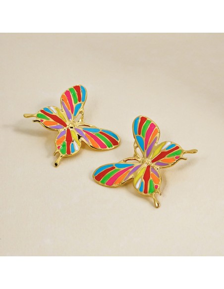 Boucles d'oreilles BORBOLA Color Gold Pendantes courtes Papillons filigranes Multicolore Acier inoxydable doré à l'or fin émaux