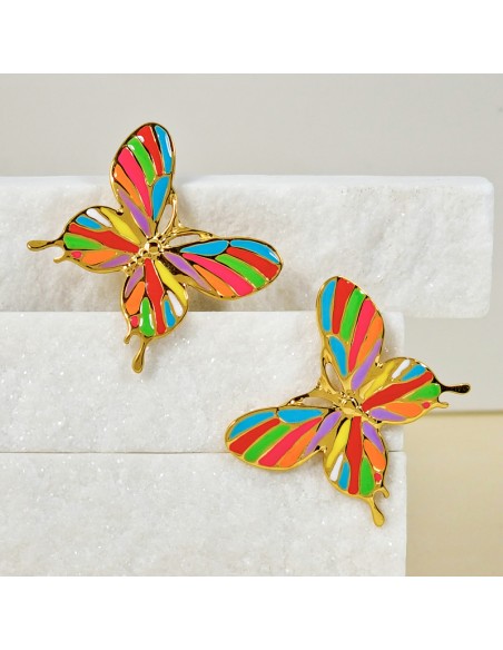 Boucles d'oreilles BORBOLA Color Gold Pendantes courtes Papillons filigranes Multicolore Acier inoxydable doré à l'or fin émaux