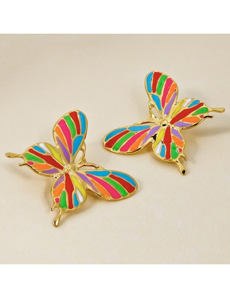 Boucles d'oreilles BORBOLA Color Gold Pendantes courtes Papillons filigranes Multicolore Acier inoxydable doré à l'or fin émaux