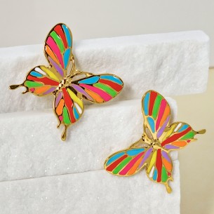 Boucles d'oreilles BORBOLA Color Gold Pendantes courtes Papillons filigranes Multicolore Acier inoxydable doré à l'or fin émaux