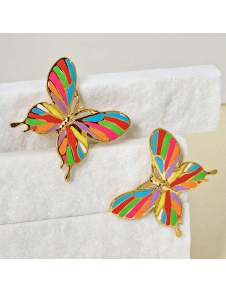 Boucles d'oreilles BORBOLA Color Gold Pendantes courtes Papillons filigranes Multicolore Acier inoxydable doré à l'or fin émaux