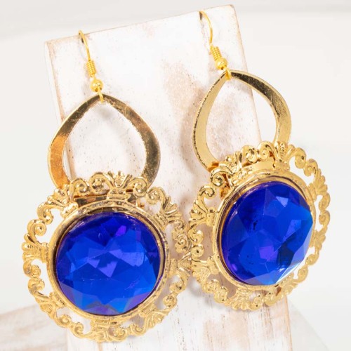 Boucles d'oreilles ADELLA Blue Gold Pendantes ajourées à pendentif Cabochon Doré et Bleu Laiton doré Cristal