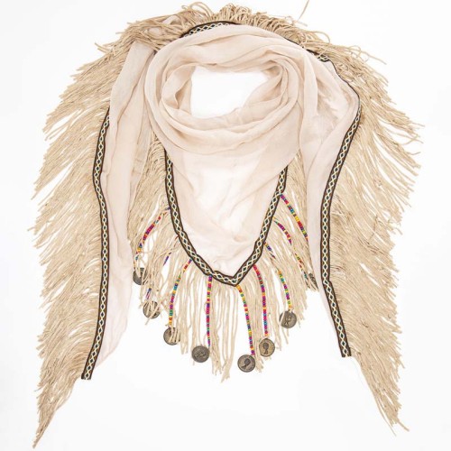 Foulard BOLSADORA Color Beige triangle uni à frange Ethnique Multicolore et Beige Viscose Uni et Décorations franges et bijoux