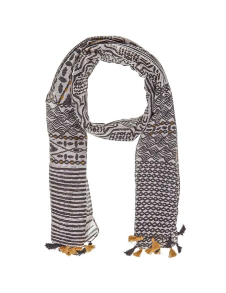 Foulard EYES Black & Yellow étole imprimée à breloques Ethnique Jaune et Noir 100% Coton Décorations pompons