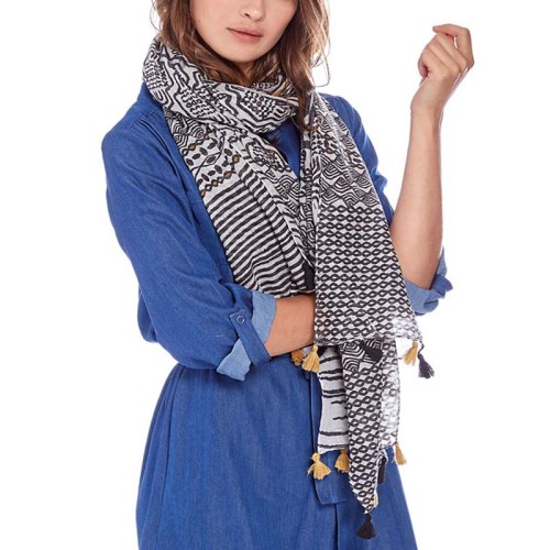 Foulard EYES Black & Yellow étole imprimée à breloques Ethnique Jaune et Noir 100% Coton Décorations pompons