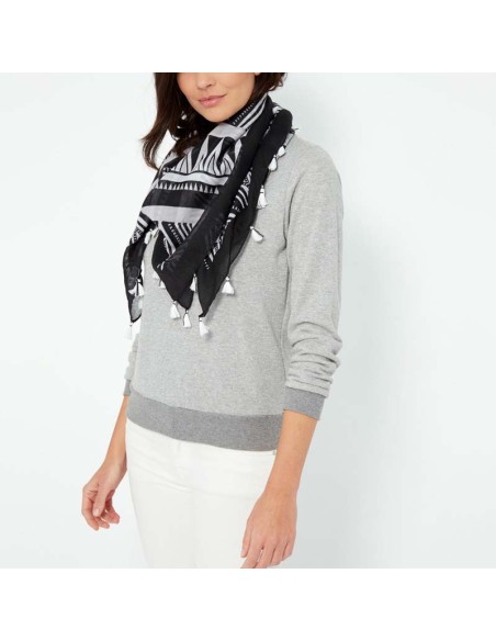 Foulard KALABE Black & White grand carré à breloques géométrique Blanc et Noir Viscose Imprimé Décorations pompons