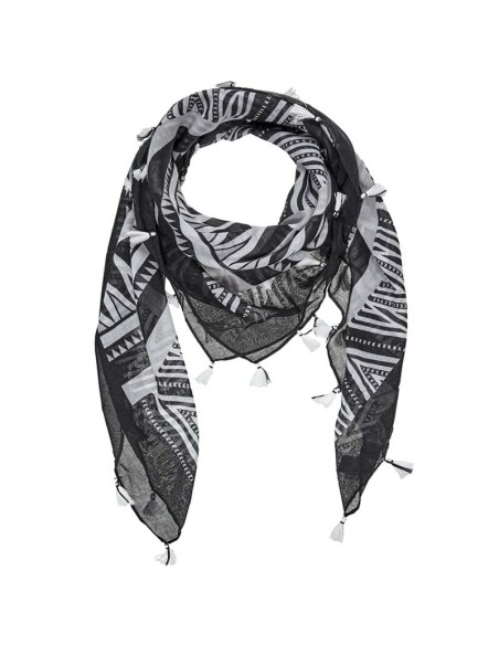 Foulard KALABE Black & White grand carré à breloques géométrique Blanc et Noir Viscose Imprimé Décorations pompons