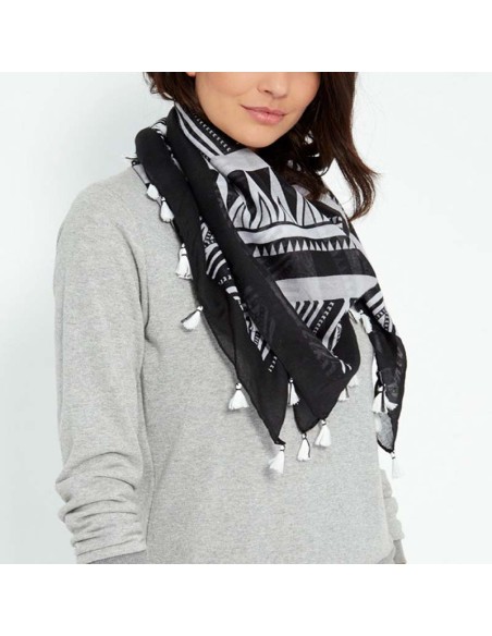Foulard KALABE Black & White grand carré à breloques géométrique Blanc et Noir Viscose Imprimé Décorations pompons
