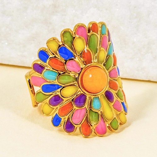 Bague INDIAN ROSES Color Gold Cabochon réglable flexible Fleur Doré Multicolore Acier inoxydable doré à l'or fin Résine émaux