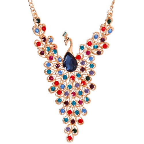 Collier PAVONIA Color Gold Plastron pavé Paon Doré et Multicolore Doré à l'or fin Cristaux sertis