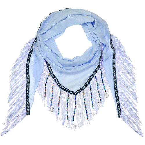 Foulard UNIKO Sky Blue triangle uni à frange Ethnique Argenté et Bleu ciel Viscose et Coton Uni et Décorations franges et bijoux