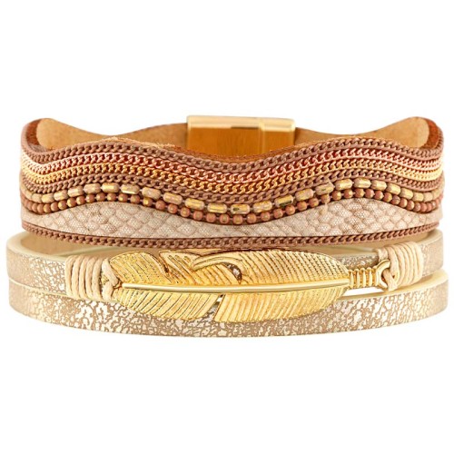 Bracelet TEMISSA Beige Gold Manchette souple Multirangs Plume ethnique amérindien Doré et Beige Doré à l'or fin et Simili-Cuir