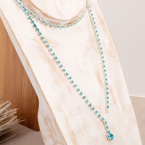 Collier GALANE Turquoise Silver Sautoir pendentif en Y Rivière de cristal Argenté et Turquoise Rhodium Cristal