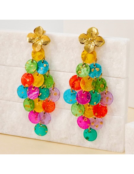 Boucles d'oreilles SHELL CURTAIN STEEL Color Gold Pendantes à pendentif Fleur Multicolore Acier inoxydable doré à l'or fin Nacre