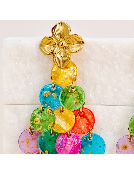 Boucles d'oreilles SHELL CURTAIN STEEL Color Gold Pendantes à pendentif Fleur Multicolore Acier inoxydable doré à l'or fin Nacre