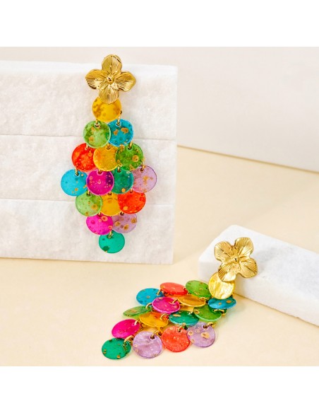 Boucles d'oreilles SHELL CURTAIN STEEL Color Gold Pendantes à pendentif Fleur Multicolore Acier inoxydable doré à l'or fin Nacre