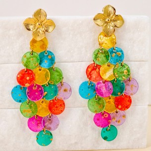 Boucles d'oreilles SHELL CURTAIN STEEL Color Gold Pendantes à pendentif Fleur Multicolore Acier inoxydable doré à l'or fin Nacre