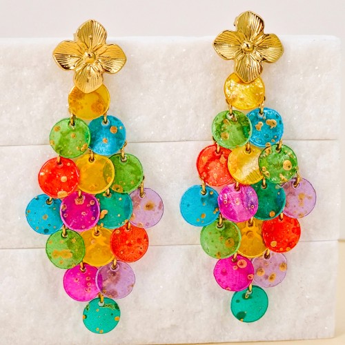 Boucles d'oreilles SHELL CURTAIN STEEL Color Gold Pendantes à pendentif Fleur Multicolore Acier inoxydable doré à l'or fin Nacre