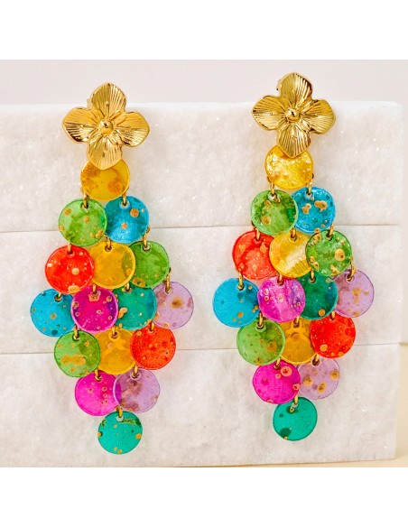 Boucles d'oreilles SHELL CURTAIN STEEL Color Gold Pendantes à pendentif Fleur Multicolore Acier inoxydable doré à l'or fin Nacre