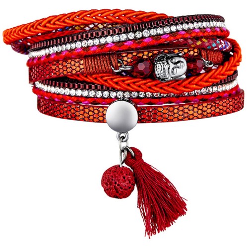 Bracelet NIRVANA Red Silver Double Tour Multirangs Bouddha zen Argenté et Rouge Rhodium et Simili-Cuir Cristal et Pompon