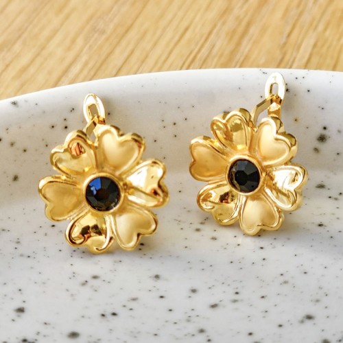 Boucles d'oreilles FLARONE Gold Dormeuses courtes Fleur Doré Laiton doré à l'or fin Cristal