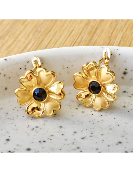 Boucles d'oreilles FLARONE Gold Dormeuses courtes Fleur Doré Laiton doré à l'or fin Cristal