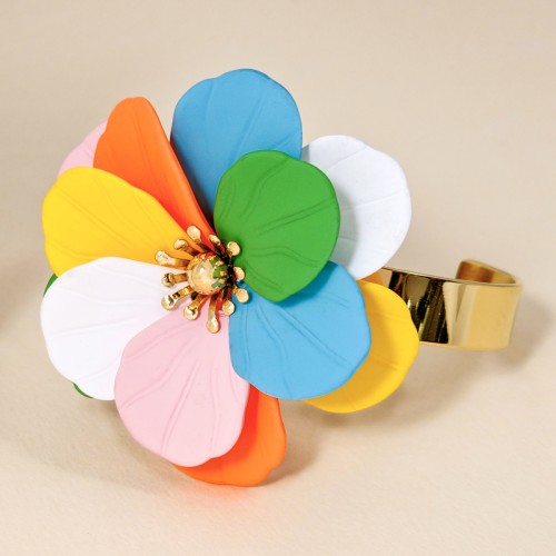 Bracelet RAINBOW FLOR Color Gold Manchette flexible rigide Fleur Doré et Multicolore Acier inoxydable doré à l'or fin Résines